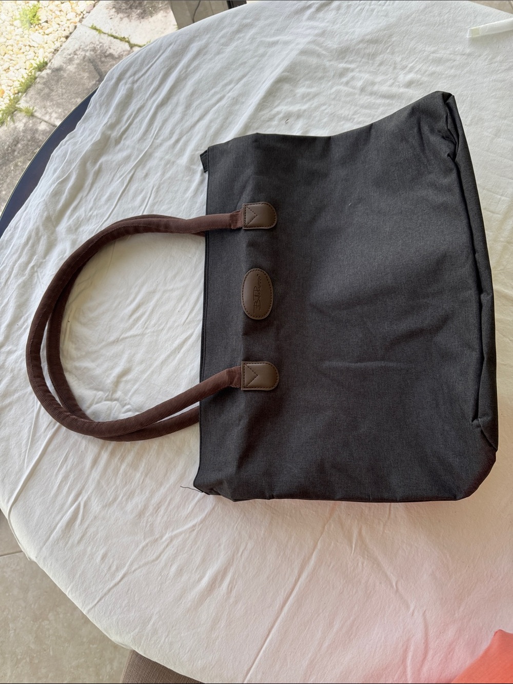 Bella Russo Black Canvas Tote with Brown Handles 15”x13”x5.5”. Handle drop 9”